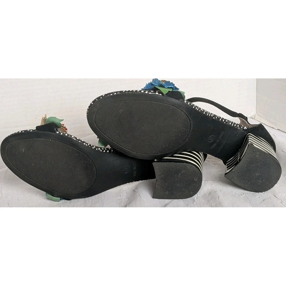 Betsey Johnson Lore Sandals Flowers Block Heels Floral Shoes Stripes Black Sz 8 - Picture 10 of 14